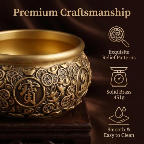Solid Brass Feng Shui Money & Wealth Bowl, Coins & Ingots, 431g 10.9cm