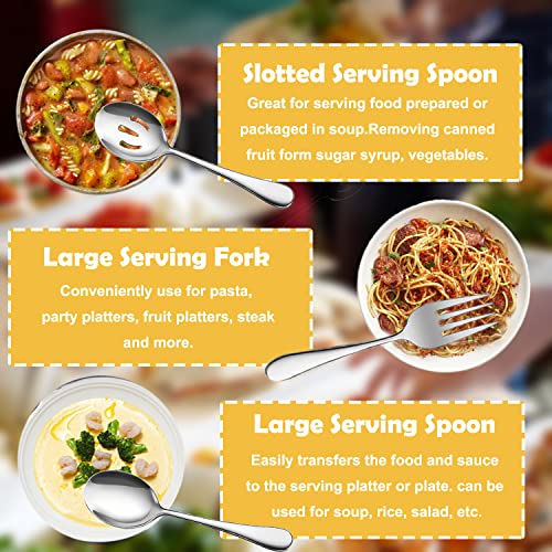 11 PCS Serving Utensils, Large Stainless Steel Spoons Forks Tongs, Pie Server, Great for Hostess Buffet Catering Banquet Party, Silver 11 PCS
