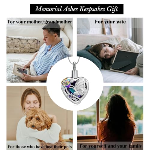 Hearbeingt Butterfly Heart Urn Necklace for Ashes Crystal Cremation Jewelry Purple-Colorful