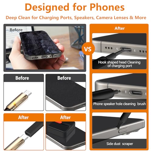 Cell Phone Cleaning Kit, iPhone Cleaning Kit for Charging Port Cleaner Keyboard Cleaning Kit for Airpods/Android/USB C/Earbuds/Laptop/iPad/Camera Lens with Stylus Pen (Black Brush Refill) Black (with 10 Mini Brush)