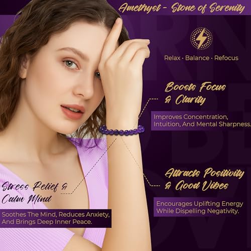 Certified Natural Stone Crystal Bracelet for Men & Women | Powerful Gemstone Combination Bracelet | Real Certified Stones with Authenticity Certificate & Activation Card Amethyst Round - Calmness & Spiritual Growth 8mm