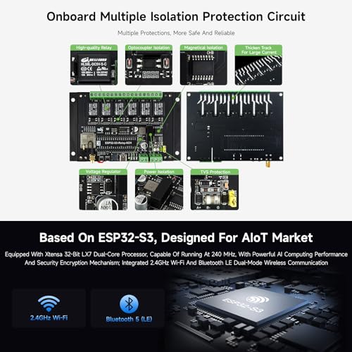 Waveshare Industrial 6-Channel ESP32-S3 WiFi Relay Module, Onboard RS485/Pico Hat Interfaces, with Multiple Insulation Protection Circuits, Industrial-Grade, Rail-Mount Case