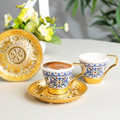 Alisveristime 2-Piece Turkish Coffee Cup Set with Zamac Saucers – Topkapi Pattern Porcelain Cups, Ottoman Style with 2 Color Options (Gold) Gold