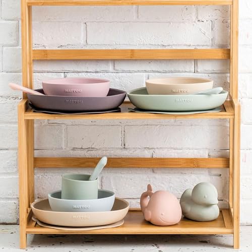 Nattou Silicone Tableware for Children, 4 Pieces, Plate + Bowl, Non-Slip, BPA-Free, Silicone, Green/Sand Pack of 1