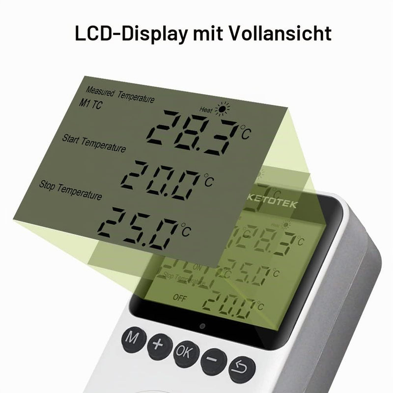 KETOTEK Digital Thermostat Socket Day Night Temperature Controller Sockets | 100-250V Heating Cooling Temperature Switch with Sensor Timer Regulator for Greenhouse Reptiles Fridge KT3200Pro