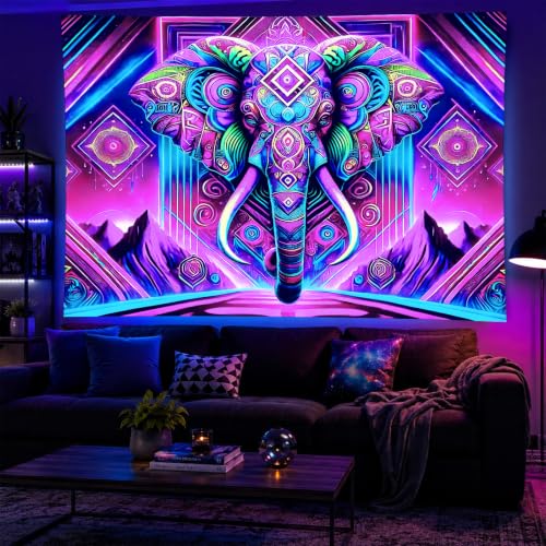 BlissYard Blacklight Tapestry Elephant Neon Wall Art 78 x 59 Inch 2410101CXNZS