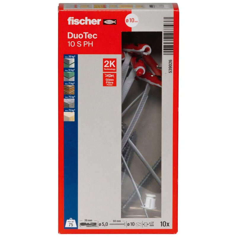[Australia - AusPower] - fischer DuoTec 25/64" S PH LD, high-quality toggle-plug with panhead screw, 2-component-plug for fastening in plasterboard, gypsum fibreboard, wood, steel & plastic pannels, etc., 10 plugs & 10 screws DuoTec 10 