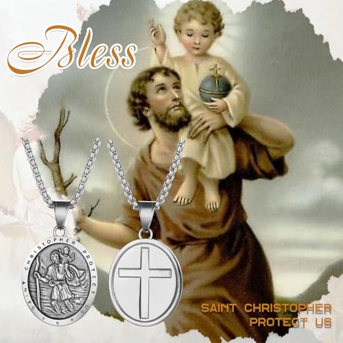 Flonge Men's Saint Christopher Necklace: Stainless Steel St Christopher Medal Necklace Religious Amulet Jewelry Gift For Men Silver