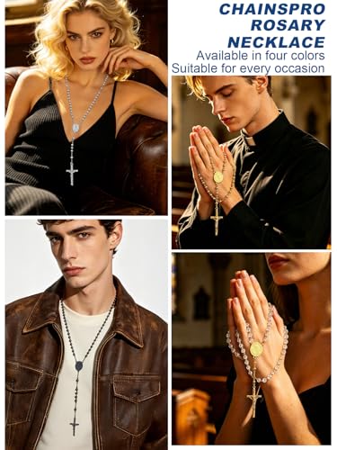 ChainsPro Cross Necklace with Rosary Beads, Crucifix Catholic Necklaces for Men Women, Stainless Steel Chain Prayer Jesus Gift Christian Jewellery 04. St Michael Gold
