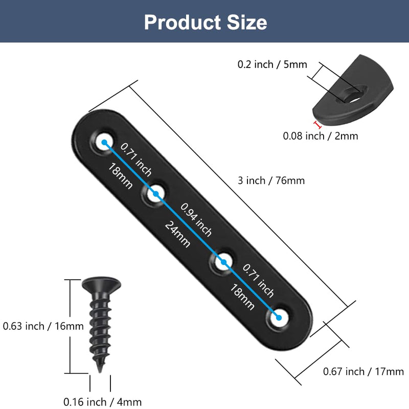[Australia - AusPower] - 12Pcs Black Straight Brackets 3 Inch Stainless Steel Flat Brace Mending Plates, Sturdy Metal Repair Fixing Joining Brackets for Wood Furniture with Screws 12 