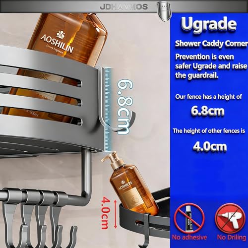 Suction Cup Shower Caddy - No Drilling Removable, Corner Shower Shelves - Aluminum Rustproof, Corner Shower Caddy with Towel Bar & Hooks for Bathroom Organizer (2-Pack Gunmetal Gray) Triangles (8hooks &1Towel Bar)