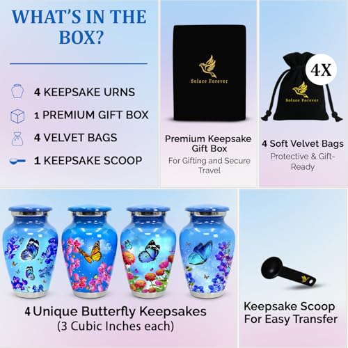 Small Urns for Human Ashes – Set of 4 Mini Keepsake Urns for Ashes, with Velvet Bag & Gift Box, Memorial Sharing Urns (Sky Blue, Set of 4) Sky Blue