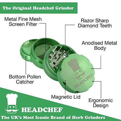 Headchef Razor 4 Piece Metal Herb Grinder with Sifter Scraper, 50mm (Green)