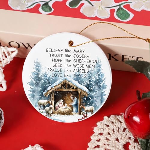 Nativity Christmas Ornament Gift for Christian Women Men, Religious Jesus Xmas Tree Hanging Ornaments 2025 with Box, Christian Ceramic Christmas Tree Hanging Decorations