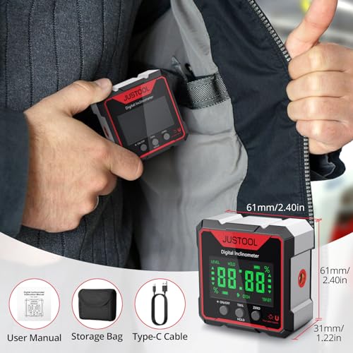 JUSTOOL Digital LCD Protractor Inclinometer Laser Angle Measuring Device Spirit Level IP54 Waterproof Level Box 4-Sided Magnetic Leveling Box Bevel Box with Type-C Charging Cable Red