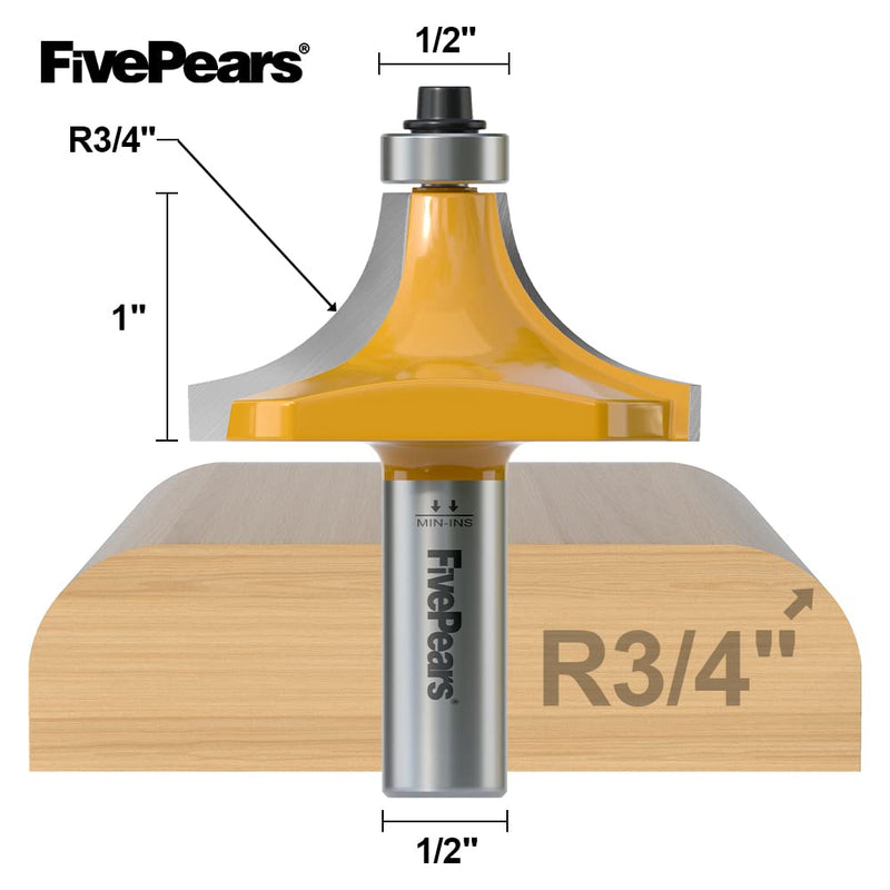 [Australia - AusPower] - FivePears 3/4" Radius Roundover Router Bit 1/2 Inch Shank, Round Over Router Bit for Edging Forming Rounding 3/4" Radius - 1/2" Shank 