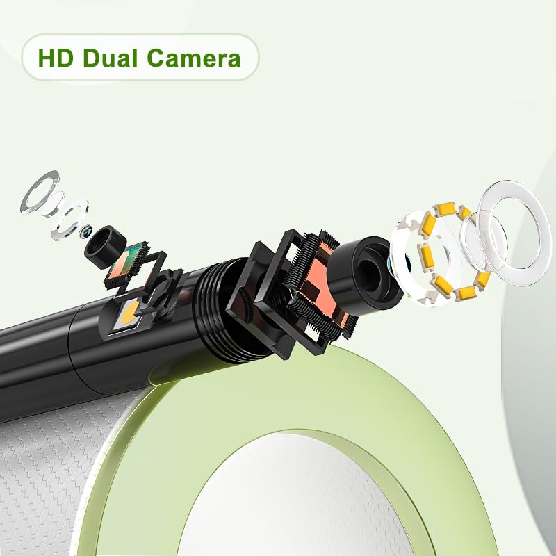 Dual Lens Borescope with Light, 1080P Industrial Endoscope Inspection Camera, 7.9mm IP67 Waterproof, Sewer Camera with 4.3" IPS Screen,8 LED Lights,16.5FT Semi-Rigid Cable. A1