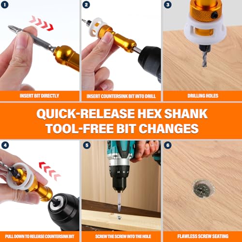 WildBossy 5-piece countersink drill bit set with PH2 bit for wood drilling and screw holes