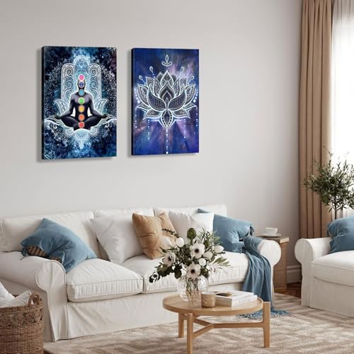 2 Pcs Framed Spiritual Canvas Wall Art Mural Chakra Meditation Poster Lotus Mandala Printed Zen Yoga Artwork Used Mindfulness Therapy Posters Bohemian Picture Home Decoration Gallery Wrapping 12X16Inch Blue Yoga Meditation