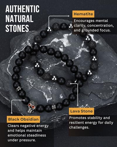 Mens Beaded Bracelets, Cross Bracelet for Men with Hematite Black Obsidian Lava Stone Triple Protection Bracelets for Men Small Skull