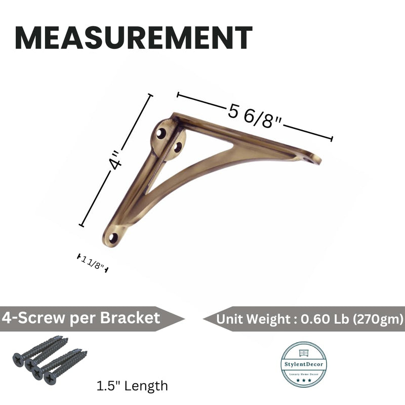 STYLENT Decor Decorative Brass Shelf Bracket, Heavy Duty and Antique Shelf Bracket for Shelving Modern L Shaped Design (Brass Antique, 6 Inches) Brass Antique 6 Inches (1 Pc)