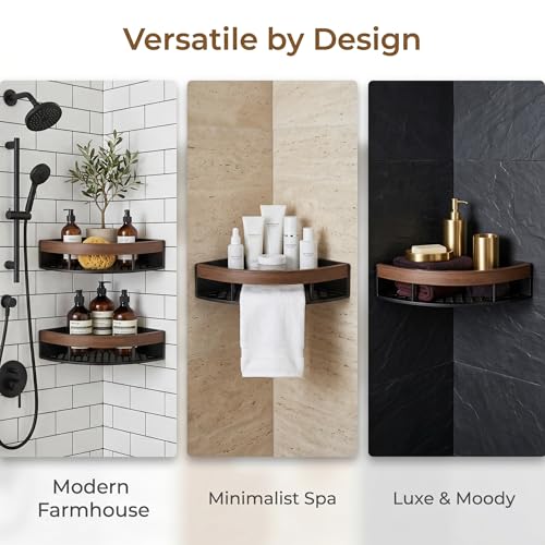 2-Pack Corner Shower Caddy with Walnut Wooden Shelf, Wall Mounted Bathroom Organizer, Matte Black Aluminum Alloy Storage Rack for Toilet, Dorm and Kitchen