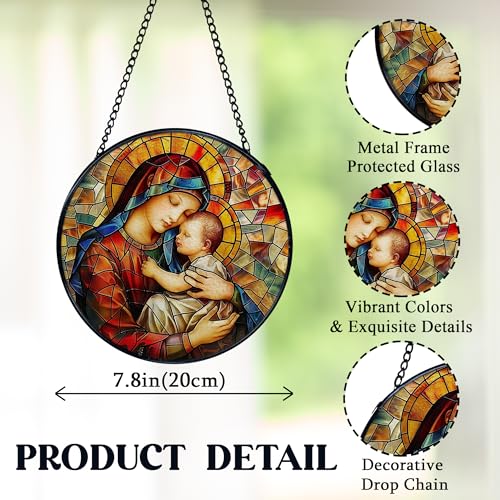 Virgin Mary Suncatcher Window Hanging, Religious Sun Catchers Indoor Window Round Glass Wall Art Decor, Spiritual Suncatcher Wall Hanging Decorations, Gardening & Lawn Care Mom Kid