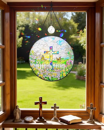 7.8" Christian Bible Verse Stained Glass Window Hanging Cross&garden 7.8 inch