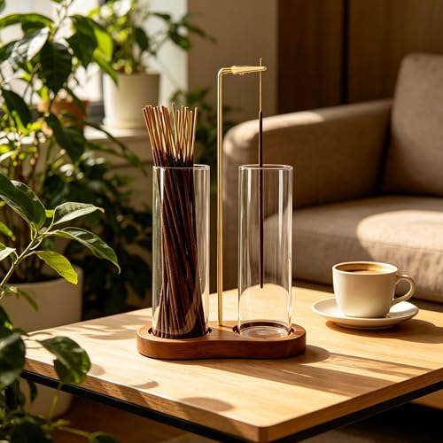 Incense Holder, Hang Upside Down Incense Sticks Burner Holder Storage with Glass Ash Catcher,Ideal Gift (Brown) Brown