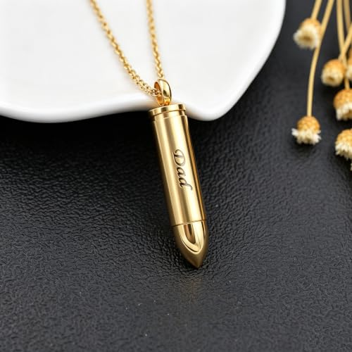 SIYUU Bullet Cremation Jewelry for Ashes Vial Deer Engraved Urn Necklace Stainless Steel Ash Container Keepsake Pendant Memorial Jewelry for Men Women Gold-Dad