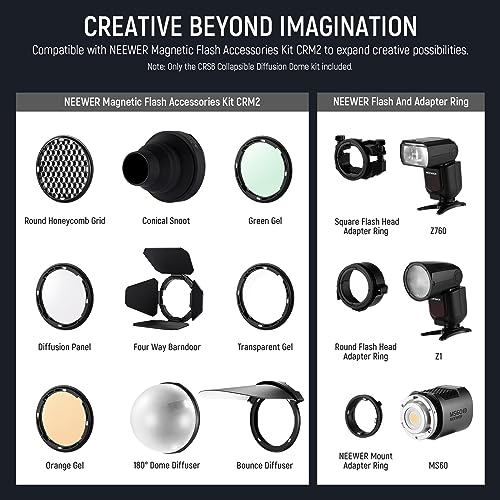 NEEWER CRS6 Softbox Diffusion Dome with 3 Adapter Rings, Compatible with Godox V1 Z2PRO Z3R Round Head Flash and Square Speedlite Z880 and More, NEEWER Mount for Video Light MS60B MS60C MS150B
