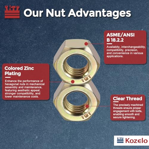 5pcs Hex Nuts 1"-8 Carbon Steel Coarse Thread Yellow Colored Zinc Yellow 5