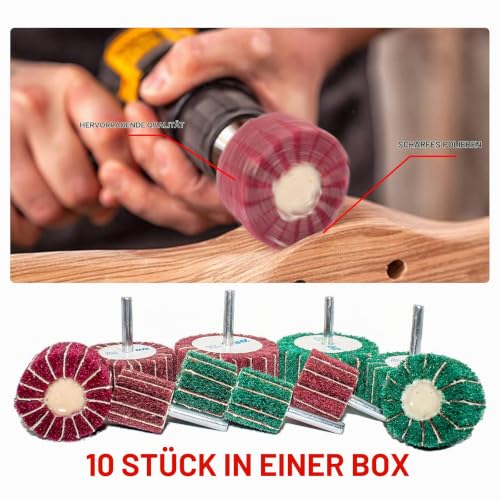 FEIHU 10 Piece Sanding Mop Set/Flap Sander/Flap Sander, Fleece Abrasive Polishing Discs, Polishing of Metal, Wood, Stainless Steel, Shaft Diameter: 6 mm
