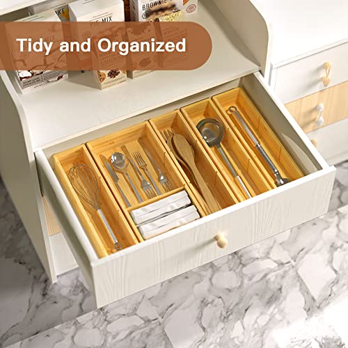 DUJEN 5 pieces Bamboo Drawer Organizer, Adjustable 3 Individual Junk Drawer organizer for Bathroom and Kitchen, Wood Drawer Organier Boxes for Jewellery, Make up and Tea Bag 1 piece 12.5X6.2 & 4 pieces 12.5X3.1