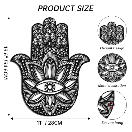 Slickss Hamsa Hand Metal Wall Art, Sacred Geometry Spiritual Boho Decor B - Black