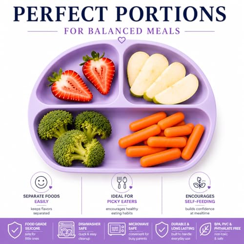 Baby Feeding Supplies - Complete Baby Feeding Set with Baby Plate, Baby Spoons First Stage, Silicone Bib and Snack Cup - Infant Eating Utensils and Baby Bowl with Suction Purple Violet
