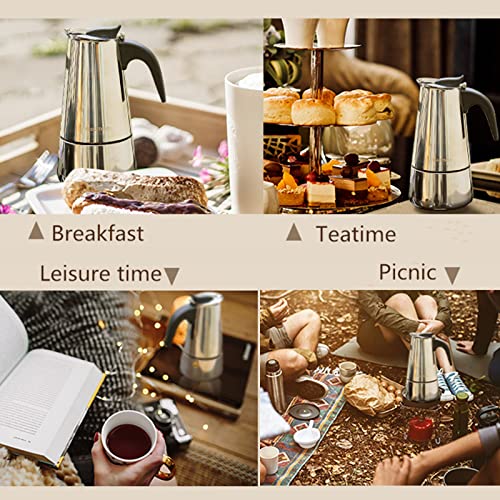 Coffee Pot, Stainless Steel Moka Pot Italian Coffee Maker 9 cup/15 OZ Stovetop Espresso Maker for Gas or Electric Ceramic Stovetop Camping Manual Cuban Coffee Percolator for Cappuccino or Latte Sliver（9cup/15oz）