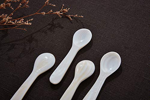 DUEBEL Set of 6 White Mother of Pearl MOP Caviar Spoons for Caviar, Egg, Icecream, Coffee Serving (White, 11x2.5cm)