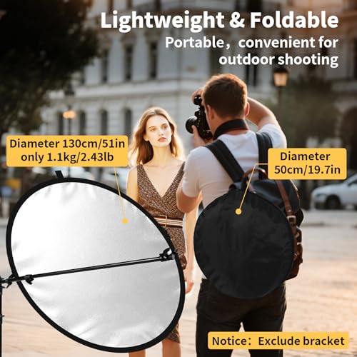 24/32/43/52in Light Reflectors for Photography with 5 in 1 Light Diffuser Panel &Bag,Photography Reflector Ideal for Content Creator Essentials&Photographer in Silver,Gold,White and Black 52inch/130cm
