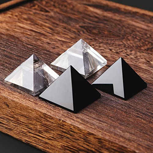 Runyangshi 2pc Clear Quartz + Obsidian Pyramid | 1.6x1.6in (4x4cm) Natural Crystal Energy Generator for Protection & Positive Energy | Healing Crystal Pyramid for Chakra Reiki Home Decor 1.57"(4cm)