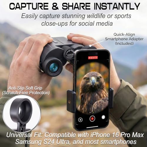 12x25 Compact Binoculars for Adults and Kids - Small Pocket Binoculars with 600D MOLLE Pouch - Phone Adapter and Wide Strap for Cruise Travel Hiking Bird Watching Concerts Outdoor Gift Tactical Black