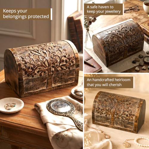 Premium Handmade Wooden Treasure Chest Decorative Trunk for Keepsakes Semicircular Curved Floral Jewellery Box Trinket Box Ladies Jewellery Storage Case Handcrafted Home Decor (Plain Tree) Plain tree