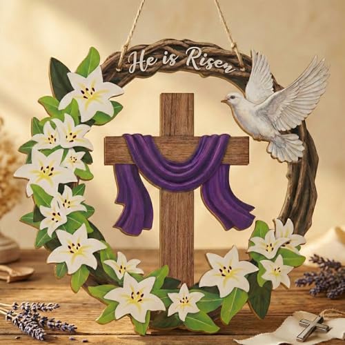 He is Risen Easter Wreath, Wooden Christian Cross Door Decor with Lily Flowers & Dove, Faith-Inspired Easter Hanging Sign for Front Door, Wall, Farmhouse Spring Decor