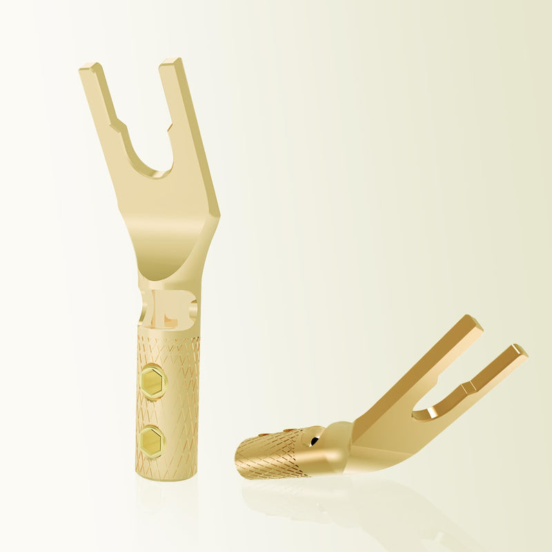 Monosaudio Spade Plug Connectors, Pure Copper 45 Degree Screw Locking Y Spade Plug Connector, 8pcs Speaker Wire Spade Terminal with Heat Shrink Tubes for 6-15Awg DIY Speaker Cable, Gold Plated