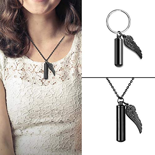 Dletay Cylinder Cremation Urn Necklace for Ashes Memorial Keepsake Pendant with Angel Wing Stainless Steel Remembrance Jewelry non-engraving Black-L