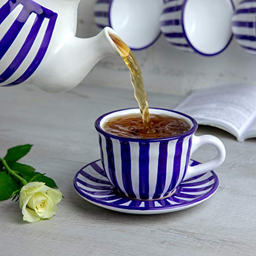 City to Cottage Handmade Dark Navy Blue Stripe Large Ceramic 12oz/350ml Cappuccino Coffee Tea Cup and Saucer, Unique Designer Pottery for Tea Lovers