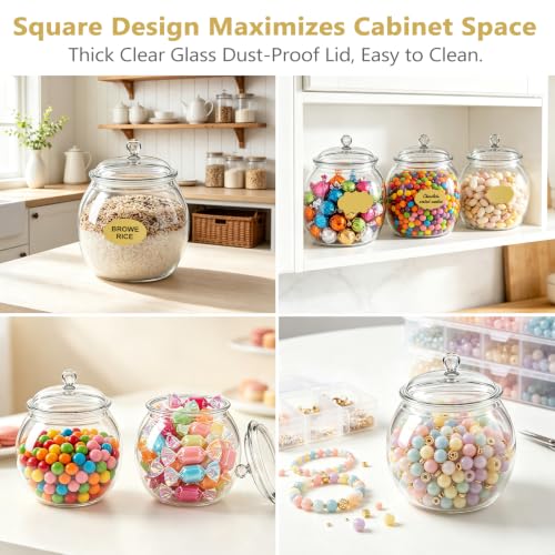 Four clear plastic candy jars with lids, 78oz capacity, ideal for storing cookies and snacks, from FALUCKYY Food Jars & Canisters.