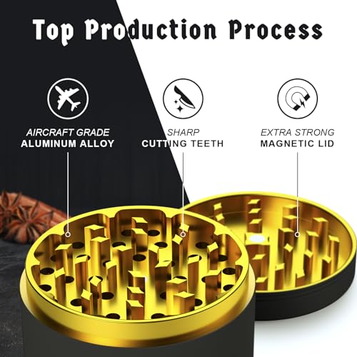 Herb Grinder Large Crusher Ø 75mm, Aluminum Alloy 4-Piece for Spice, Seasonings, Herb with Pollen Scraper & Brush (Black & Gold) Black - Ø75 - Al