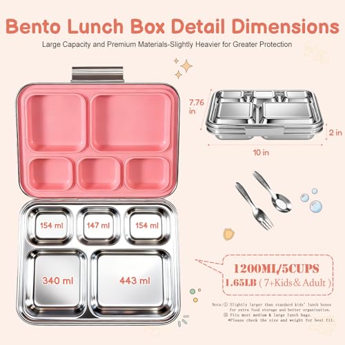 Stainless Steel Bento Lunch Box： 7+Older Kids，Teens and Adults, Leak-Proof, BPA-Free, 5 Compartments, Eco-Friendly, Durable Lunch Box for School, Office, Fitness, Travel, and Meal Prep–（Pink) Pink