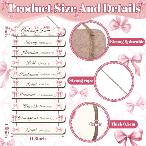 Yuntau God Says I Am Bow Wall Decor Coquette Christian Pink Bible Verses Wood Hanging Sign Pink Bow Wall Art Room Decor Inspirational Christian Gifts for Women Room Bathroom Bedroom Home Kitchen